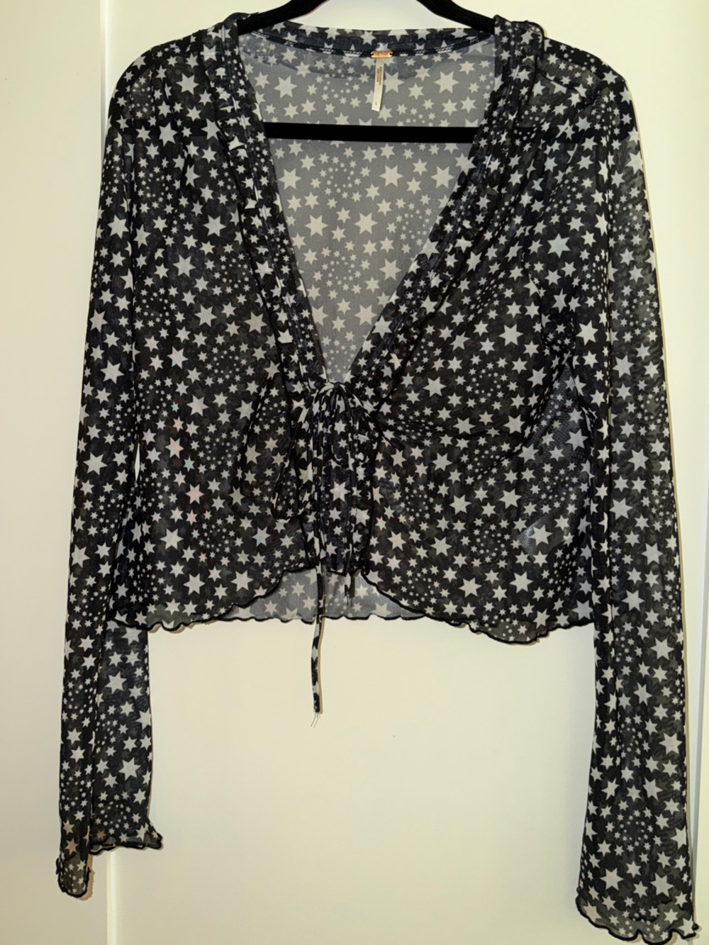 Free People Black Sheer Star Tie-Front Blouse